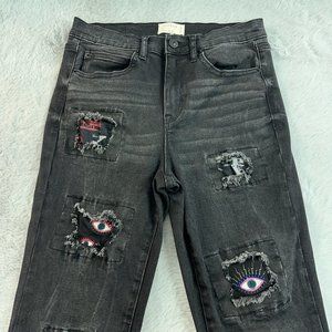 Nicole Miller Artelier Jeans Womens 27 Black Delancey Evil Eye Patches Witchy